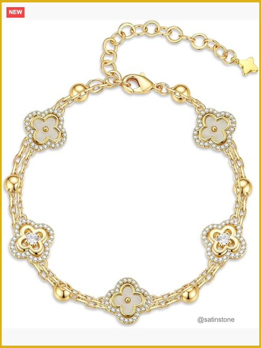 Dainty 14K Gold Plated CZ Clover Bracelet Lucky Charm Jewelry